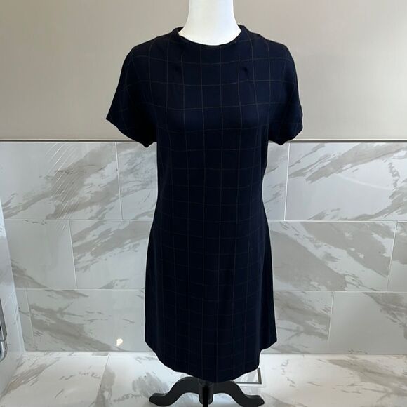 Theory Dolman Shift in Deep Navy Charcoal Windowpane Knit Plaid Dress Medium - Picture 1 of 9